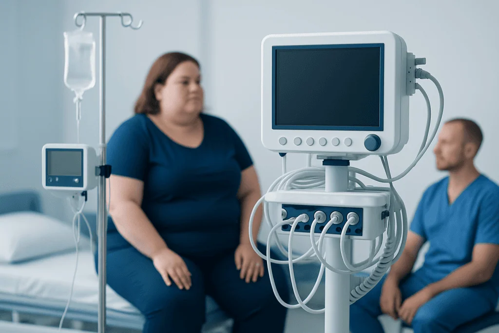 Patient in hospital bed with medical monitors and healthcare staff nearby.