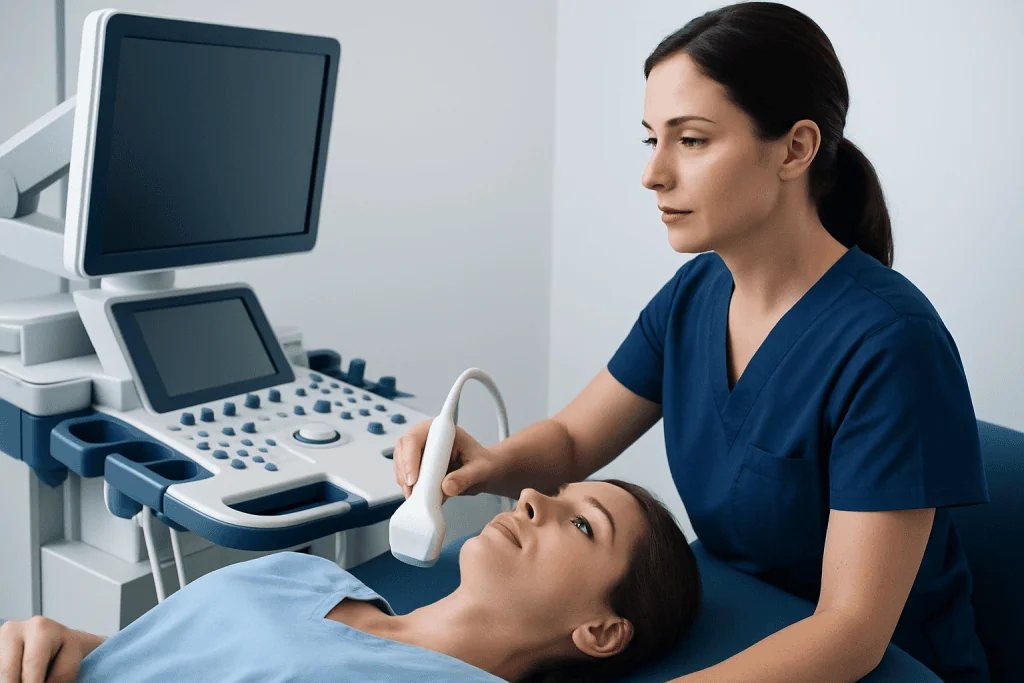 Medical professional performing an ultrasound on a patient in a clinical setting.