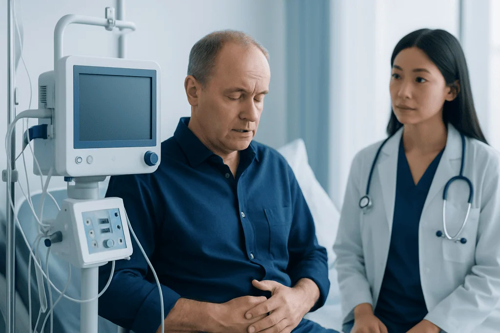 Doctor with patient in hospital room with medical monitor.