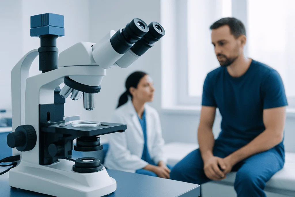 Male patient undergoing sperm analysis in a medical laboratory.