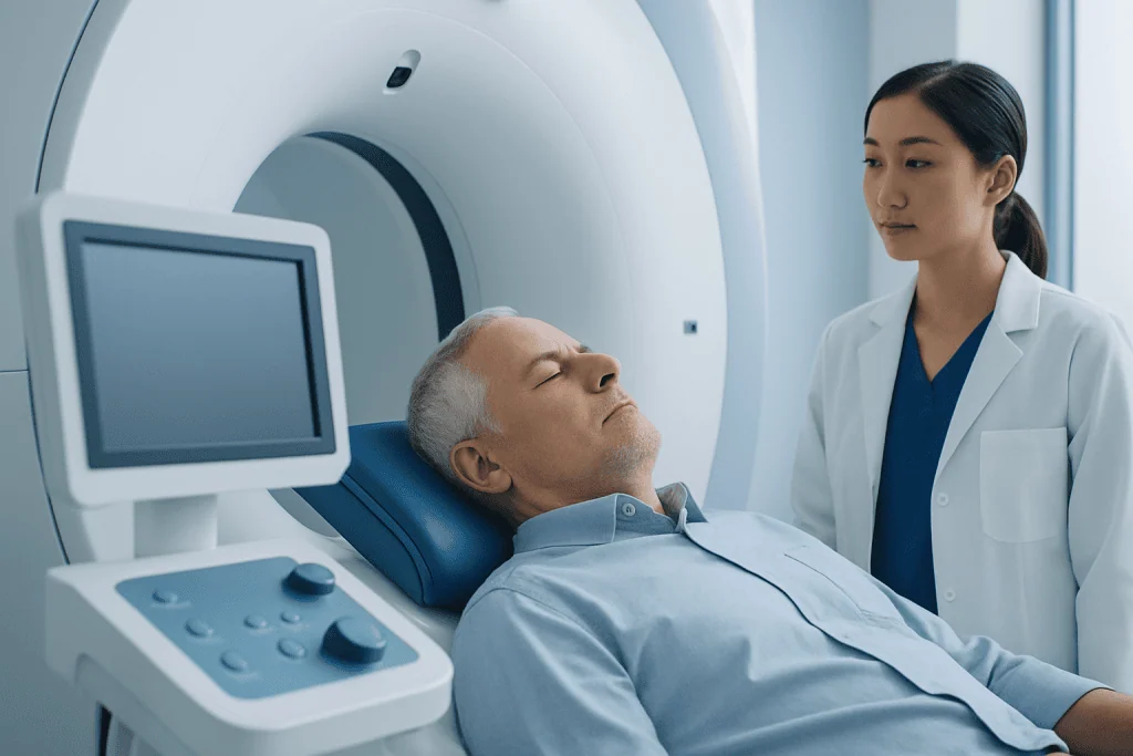 Patient undergoing MRI scan in a hospital setting with medical staff present.