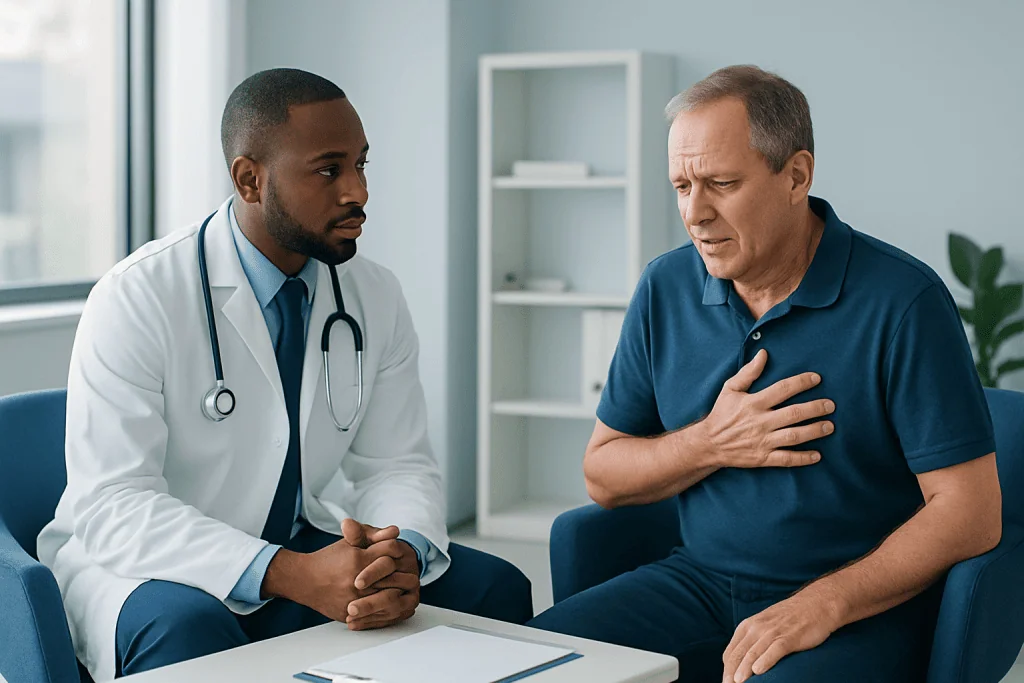 Doctor consulting with a patient experiencing chest discomfort in a modern clinic.