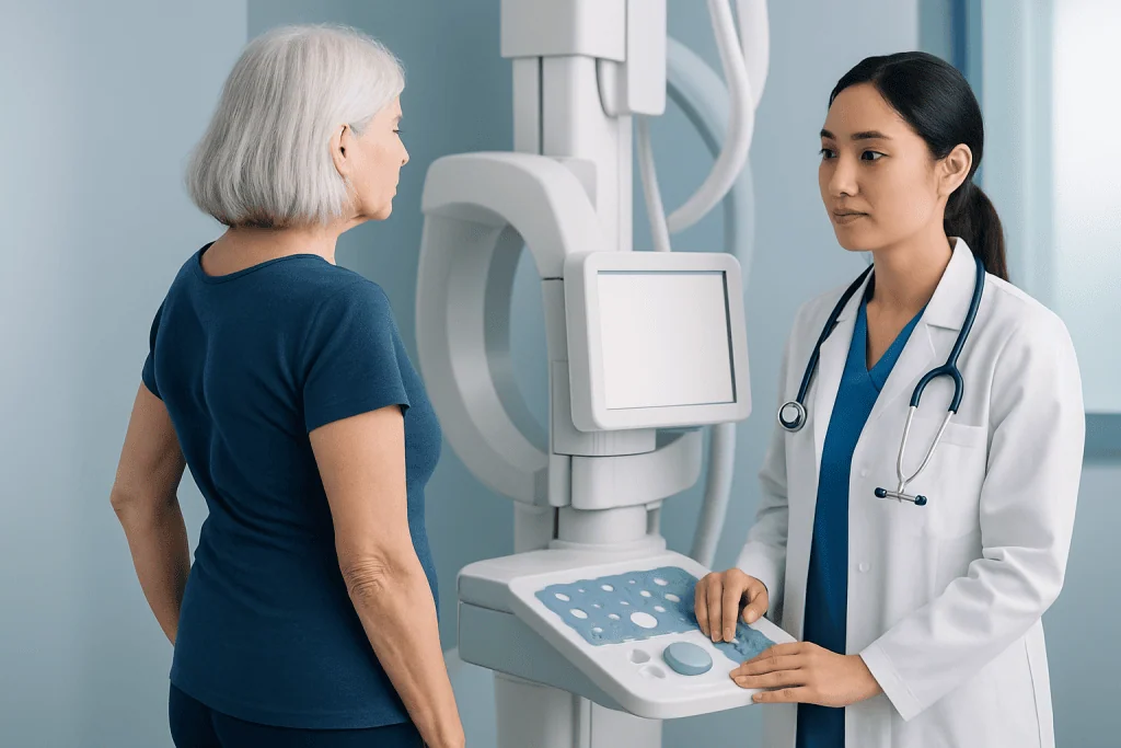 Doctor explaining spinal imaging to an elderly woman in a hospital.