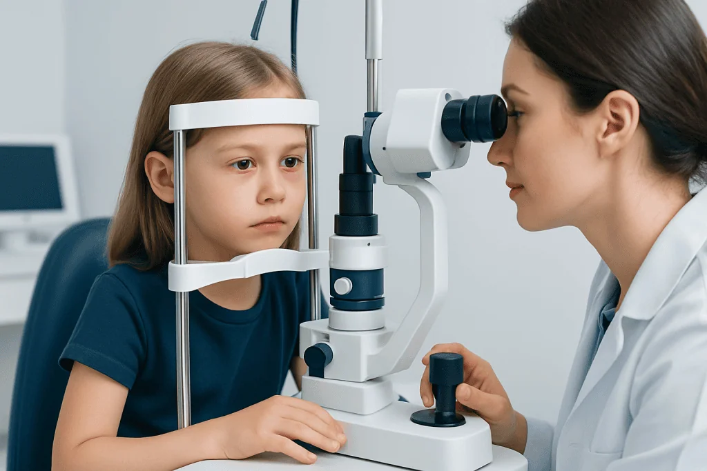 Child undergoing eye examination at Acibadem Hospital.