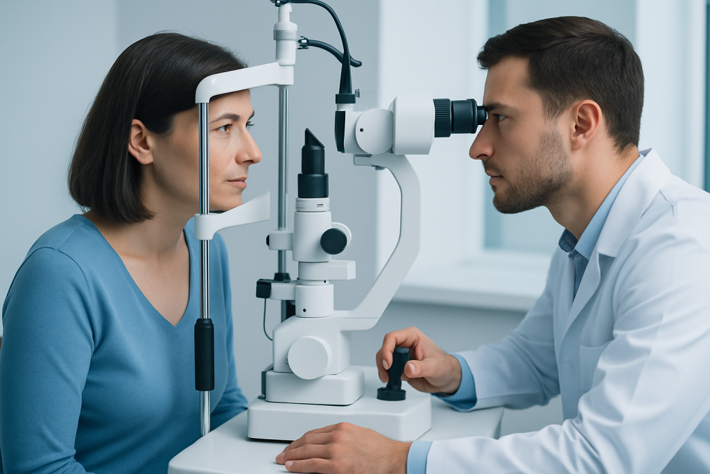 Ophthalmologist examining a patient's eye with a slit lamp microscope.