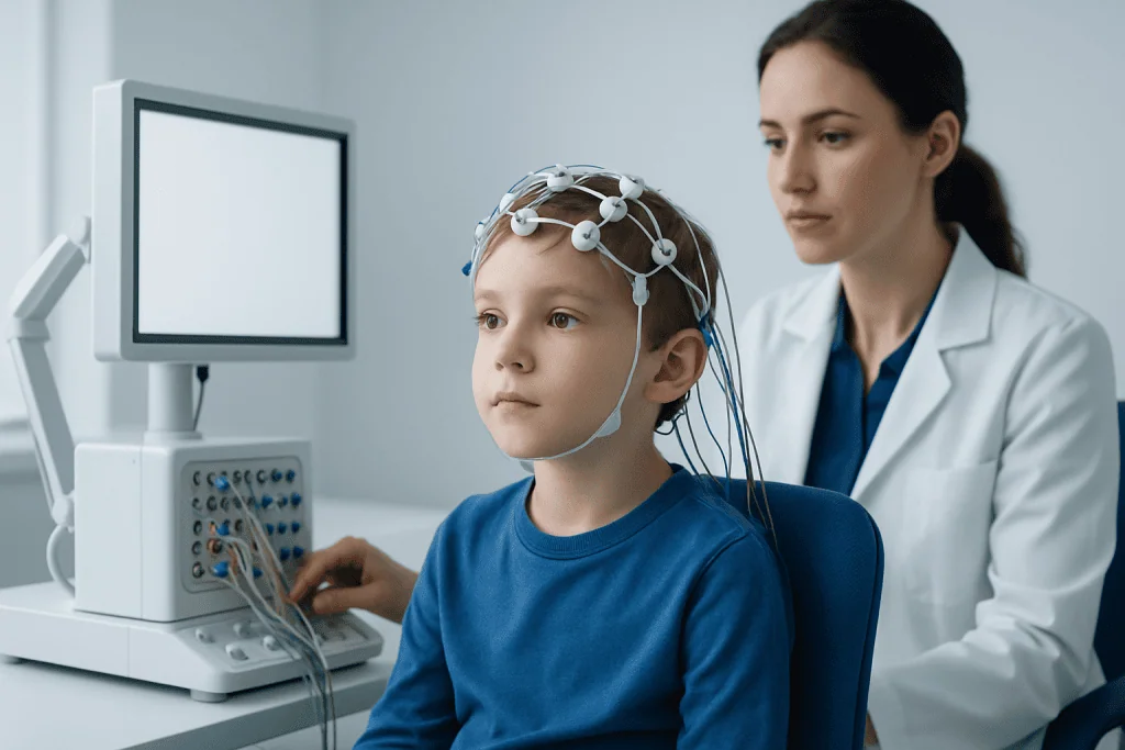 Child undergoing neurological testing with EEG in a medical clinic.