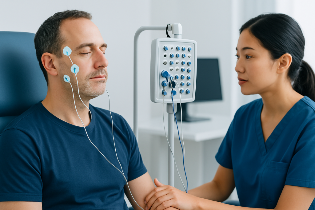 Patient undergoing nerve conduction study at Acibadem Hospital.