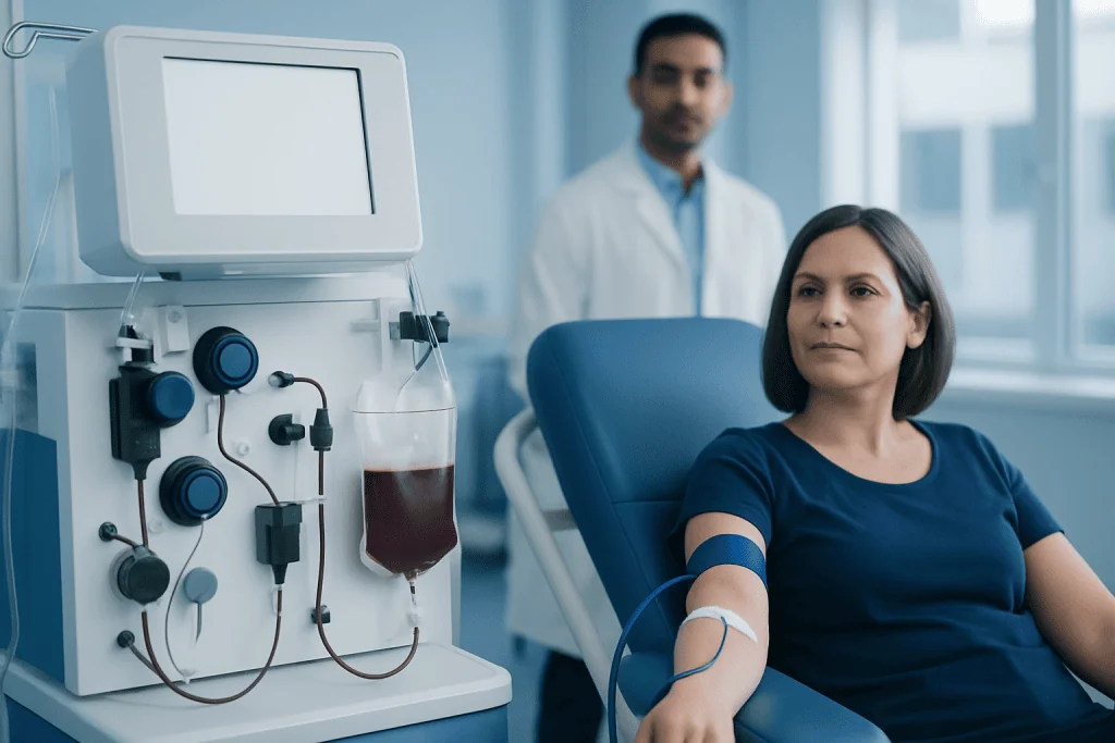 Patient donating blood in a medical facility with healthcare professional nearby.