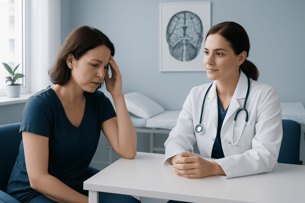 Doctor consulting with a patient experiencing headache symptoms in a medical office.