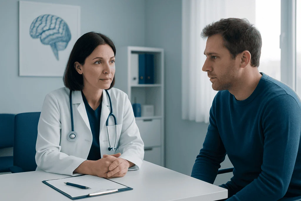 Doctor consulting patient in a medical office setting.