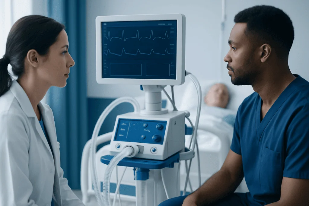 Doctor and patient in hospital with medical monitor showing heart rate.