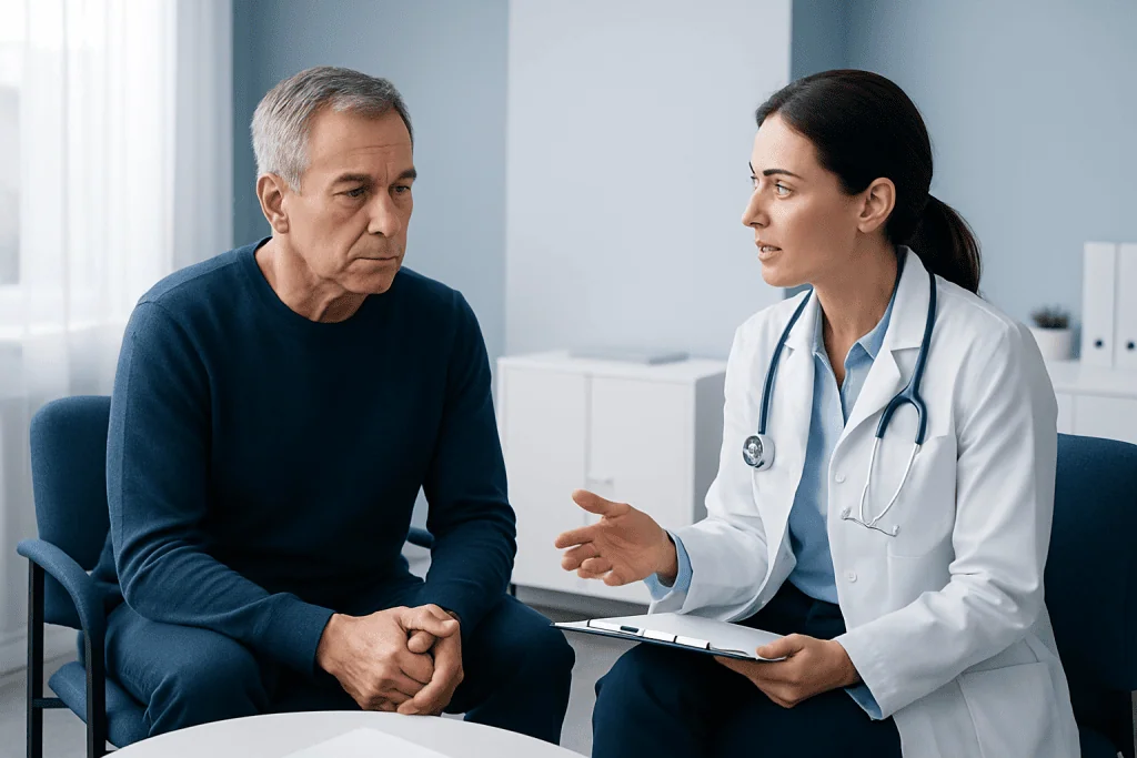 Doctor discussing diagnosis with an older male patient in a medical office.