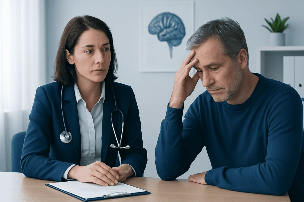 Doctor consulting with a patient experiencing headache or confusion.