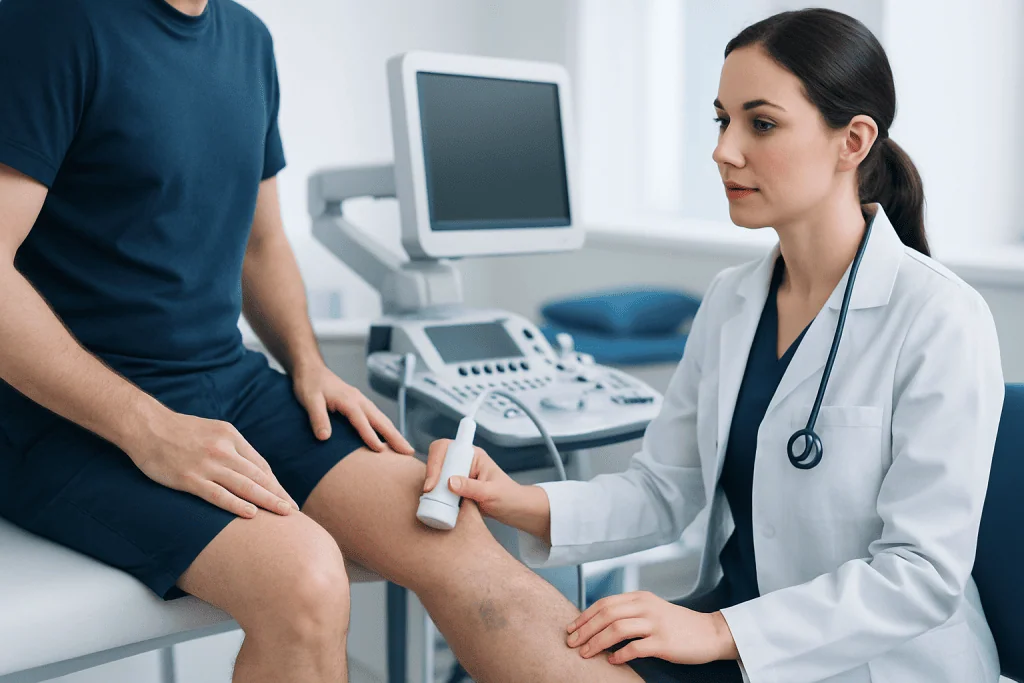 Doctor performing ultrasound on patient's leg for venous assessment.