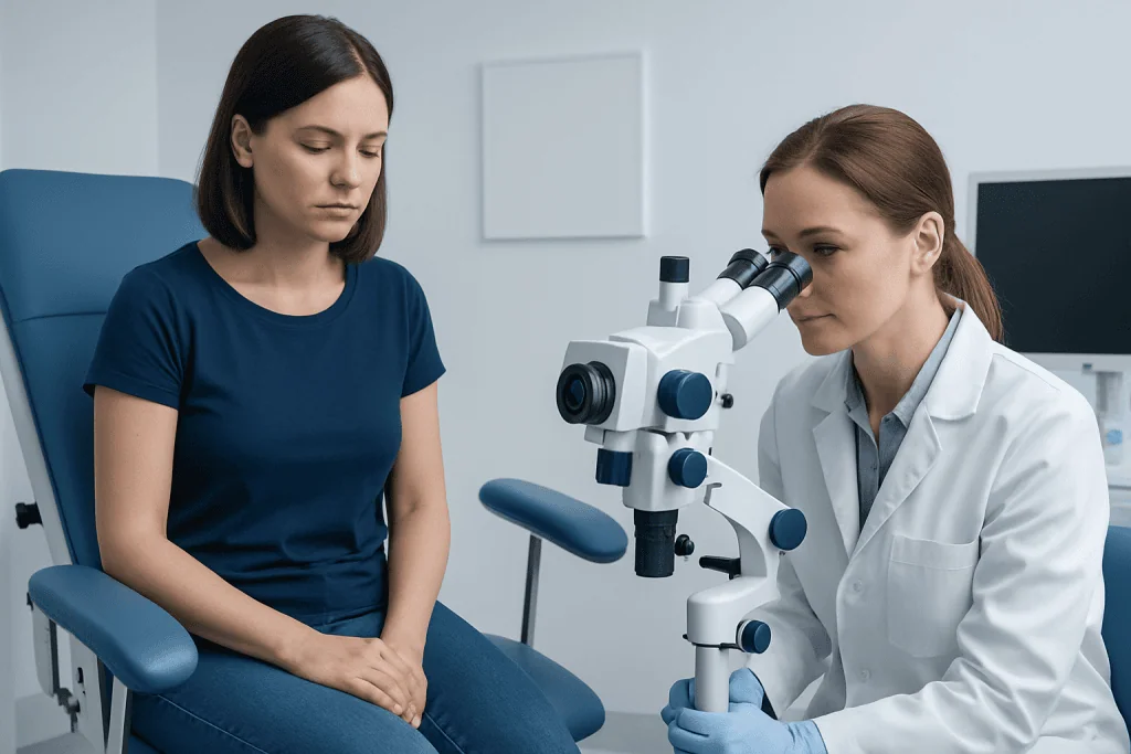 Medical professional examining a patient with a microscope at Acibadem Hospitals Group.