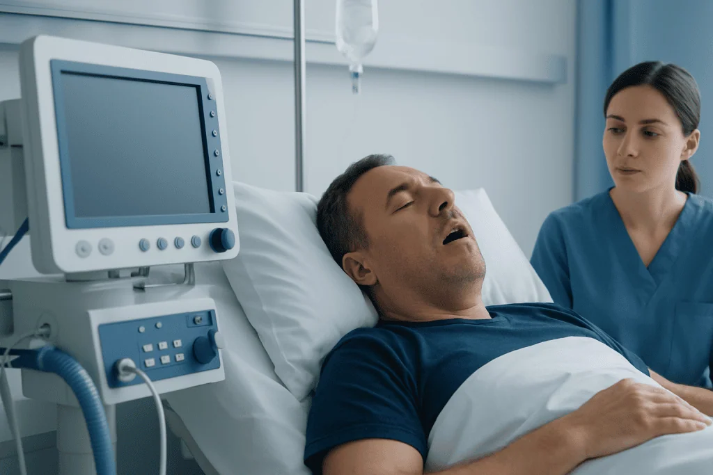 Patient in hospital bed undergoing sleep study for sleep apnea diagnosis.