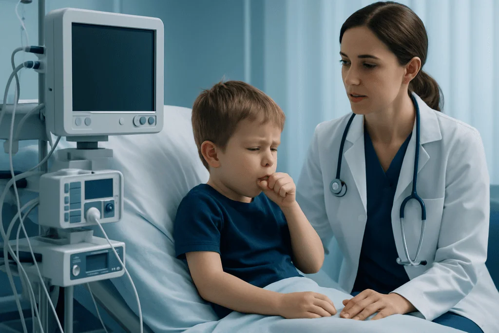 Whooping Cough in Children: Coughing Fits, Testing, and Prevention 1 Pediatric doctor examining a young boy with cough in hospital bed.