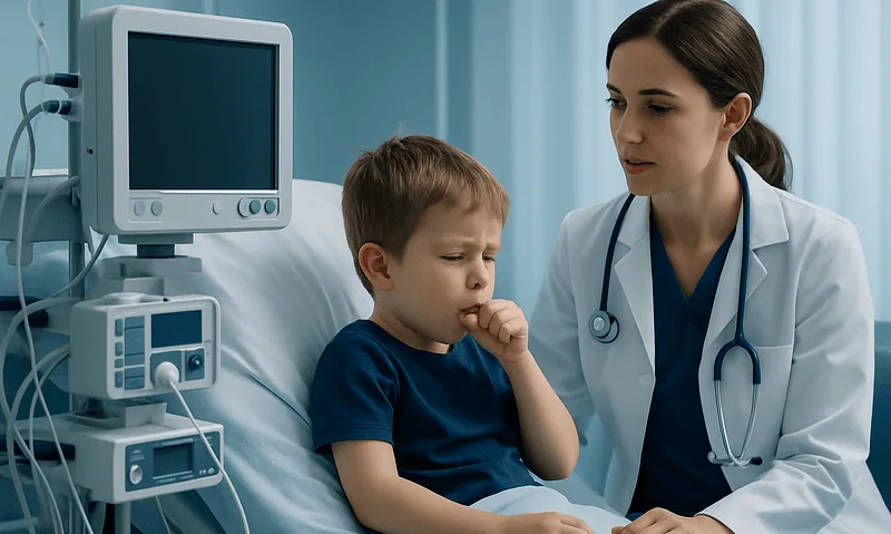 Pediatric doctor examining a young boy with cough in hospital bed.