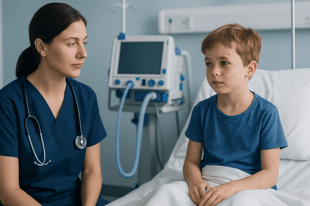 Doctor consulting a young boy in hospital bed with medical equipment nearby.