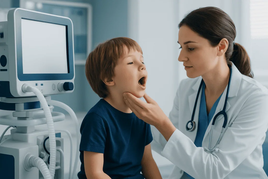 Pediatrician examining a child's throat in a medical clinic.