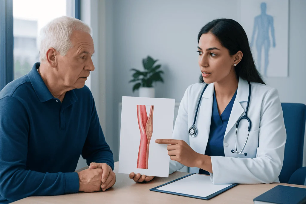 Doctor explaining carotid artery health to an elderly patient.