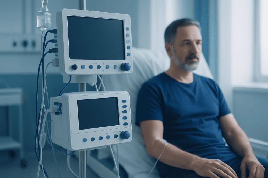 Patient in hospital bed with medical monitors in a clinical setting.