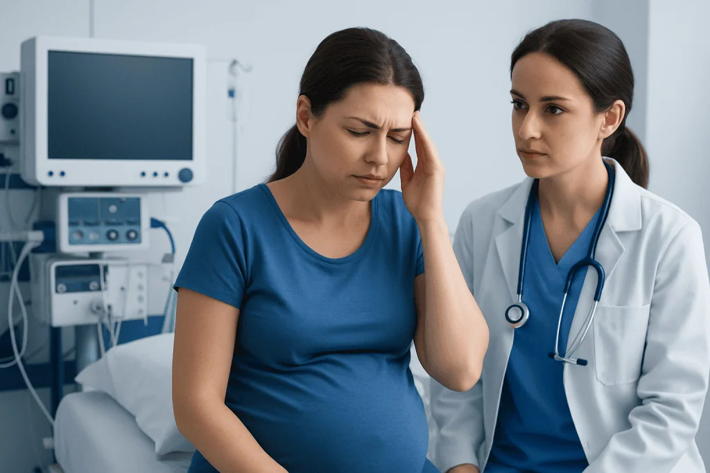 Pregnant woman experiencing headache with doctor in hospital setting.