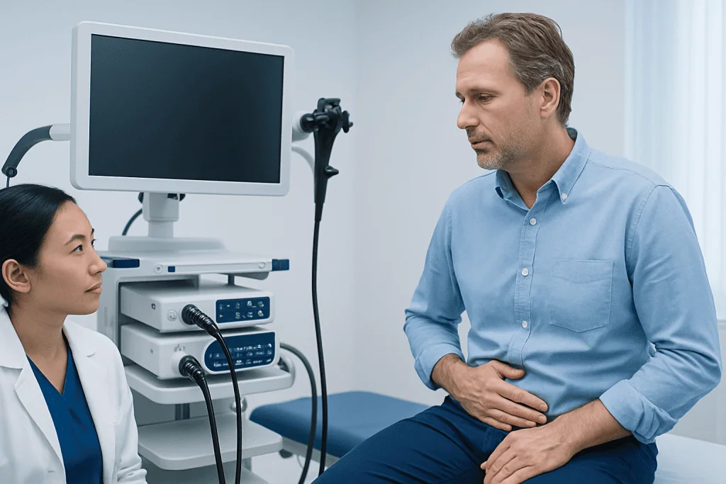 Doctor consulting patient in a medical examination room.