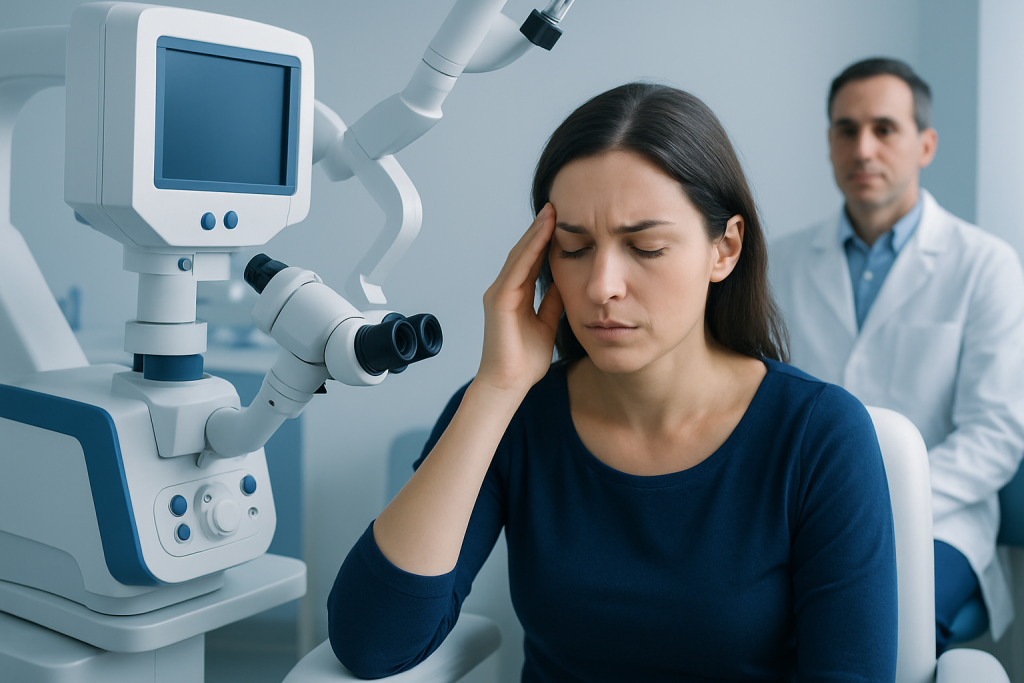 Woman experiencing headache during neurological examination at Acibadem Hospital.