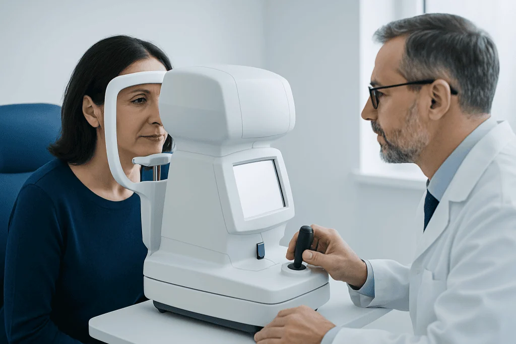 Optometrist performing visual field test on patient at clinic.