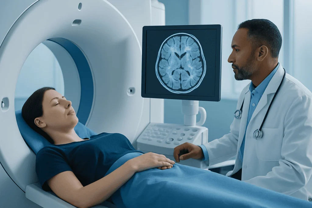 Doctor reviews brain scan with patient in MRI room at Acibadem Hospital.