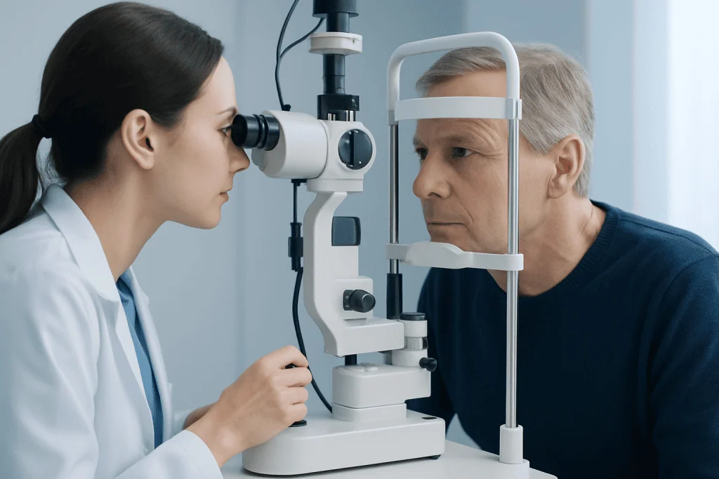 Ophthalmologist examining patient's eye with slit lamp microscope.