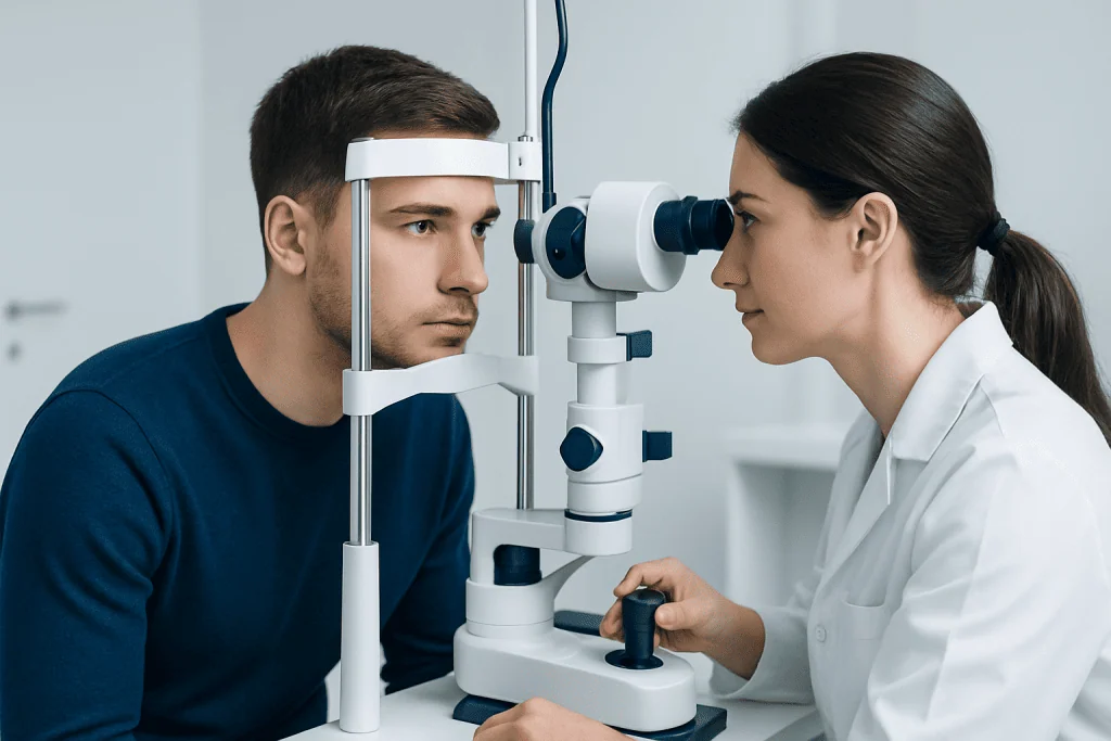 Optometrist examines patient's eye using slit lamp in clinic.