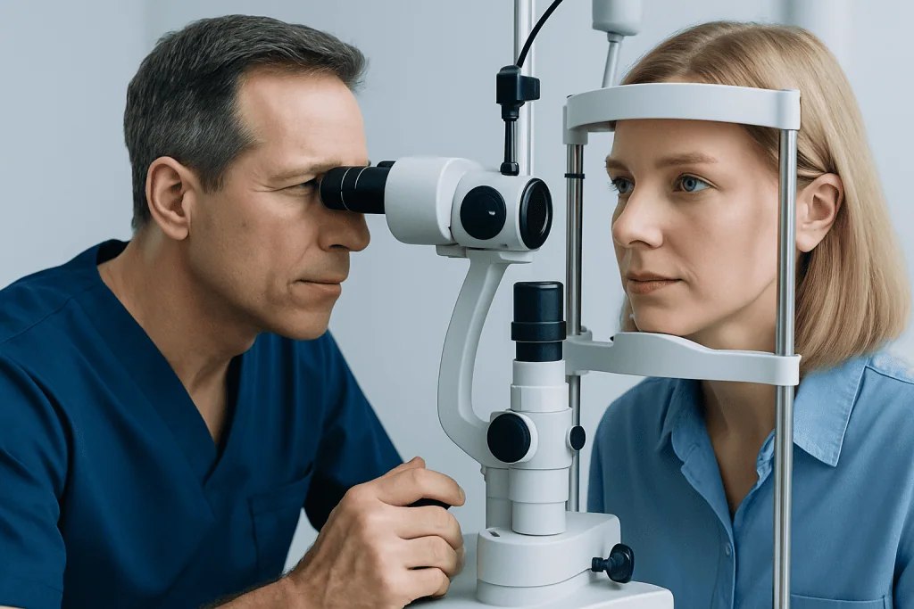 Ophthalmologist examining patient's eye with slit lamp microscope.