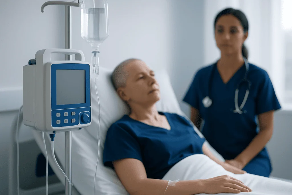 Patient receiving medical care in hospital with nurse and IV therapy.