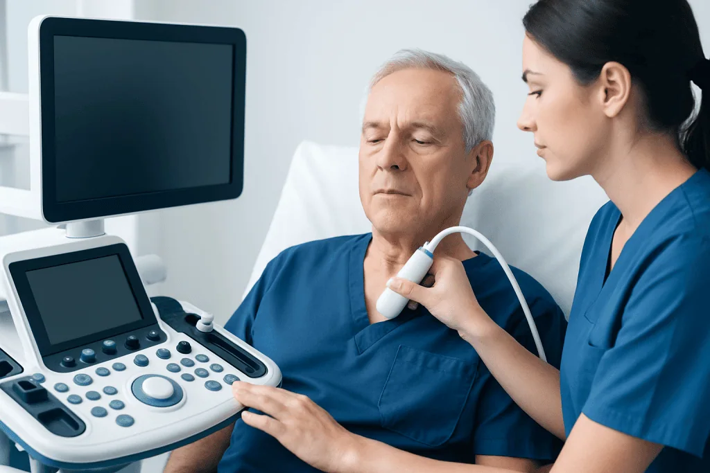 Doctor performing carotid ultrasound on an elderly patient in a hospital.