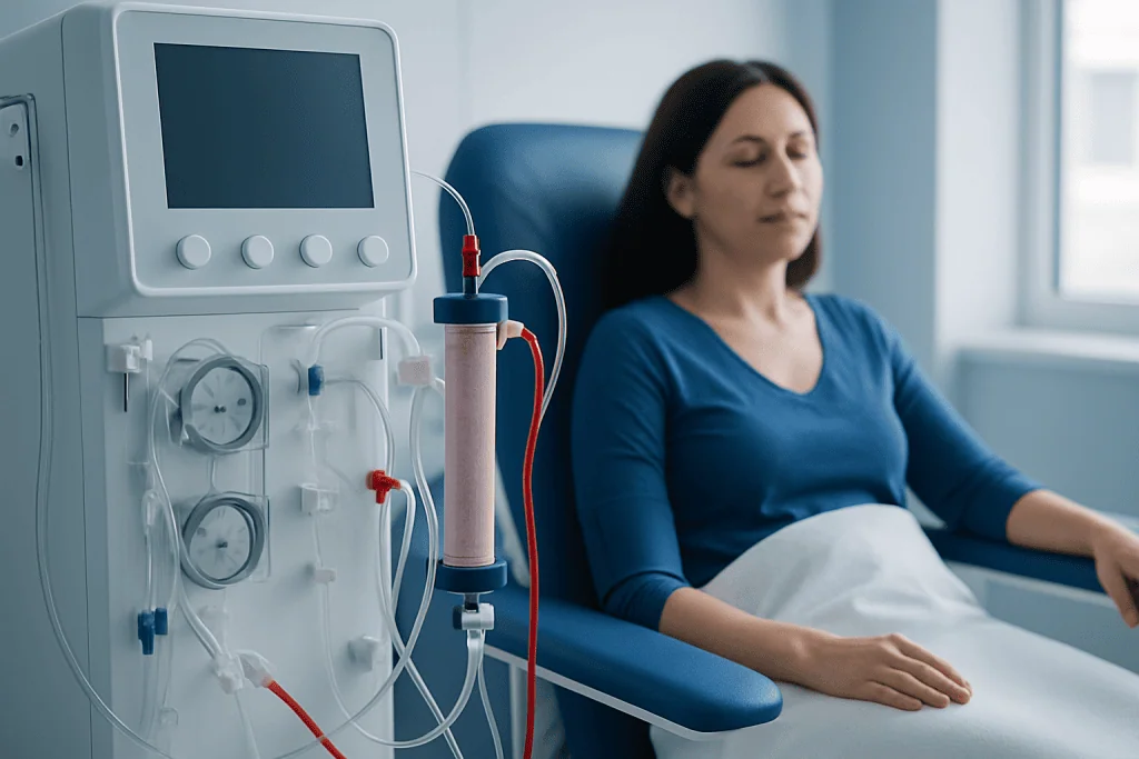Patient undergoing dialysis treatment in a hospital setting.