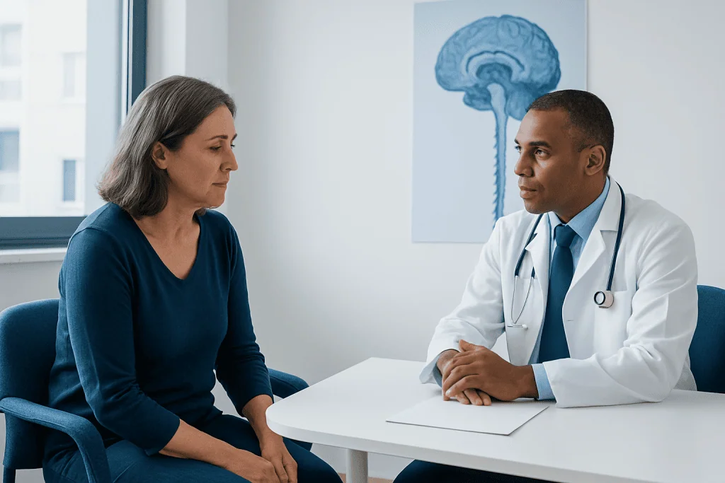 Doctor consulting with a female patient in a medical office.