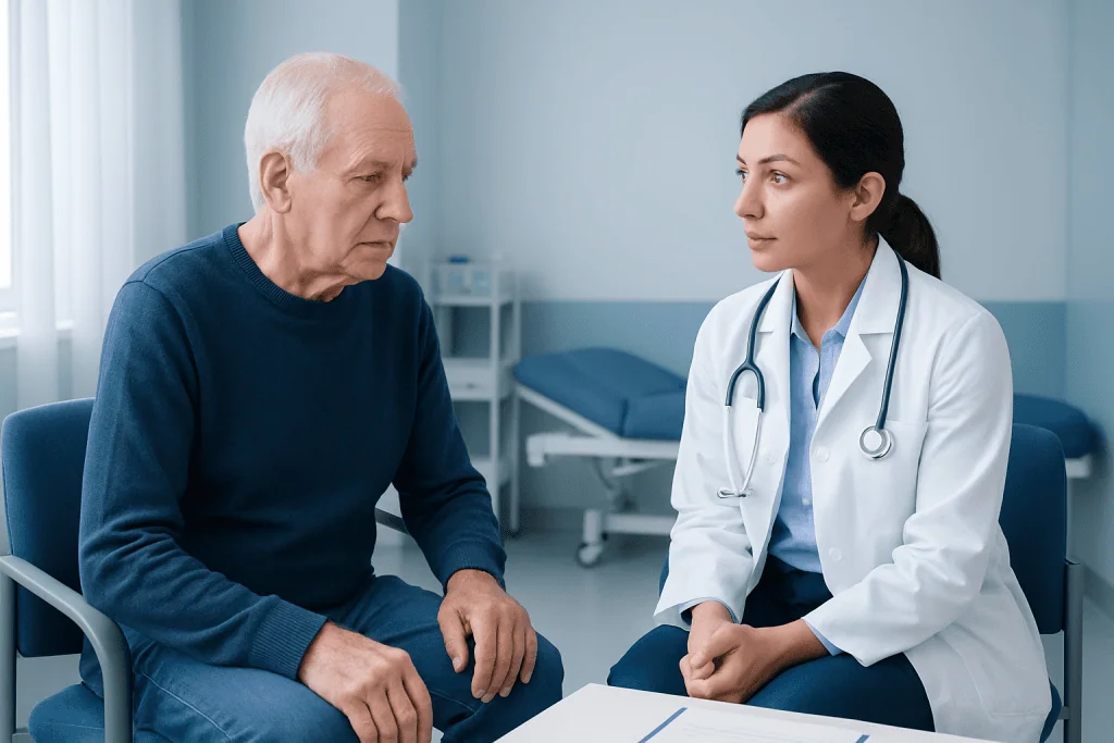Doctor consulting with elderly patient in a hospital room.