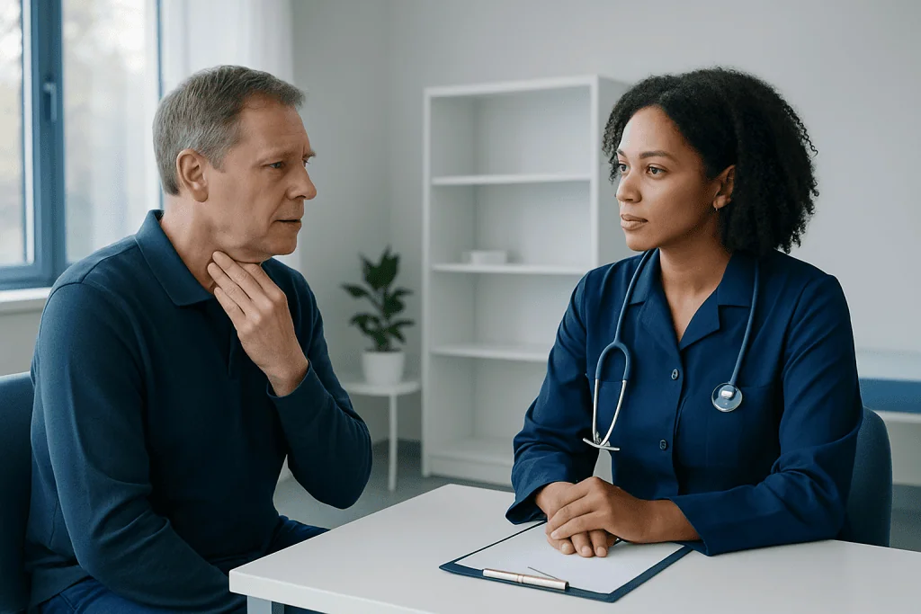 Doctor consulting with a patient about swallowing issues in a clinical setting.