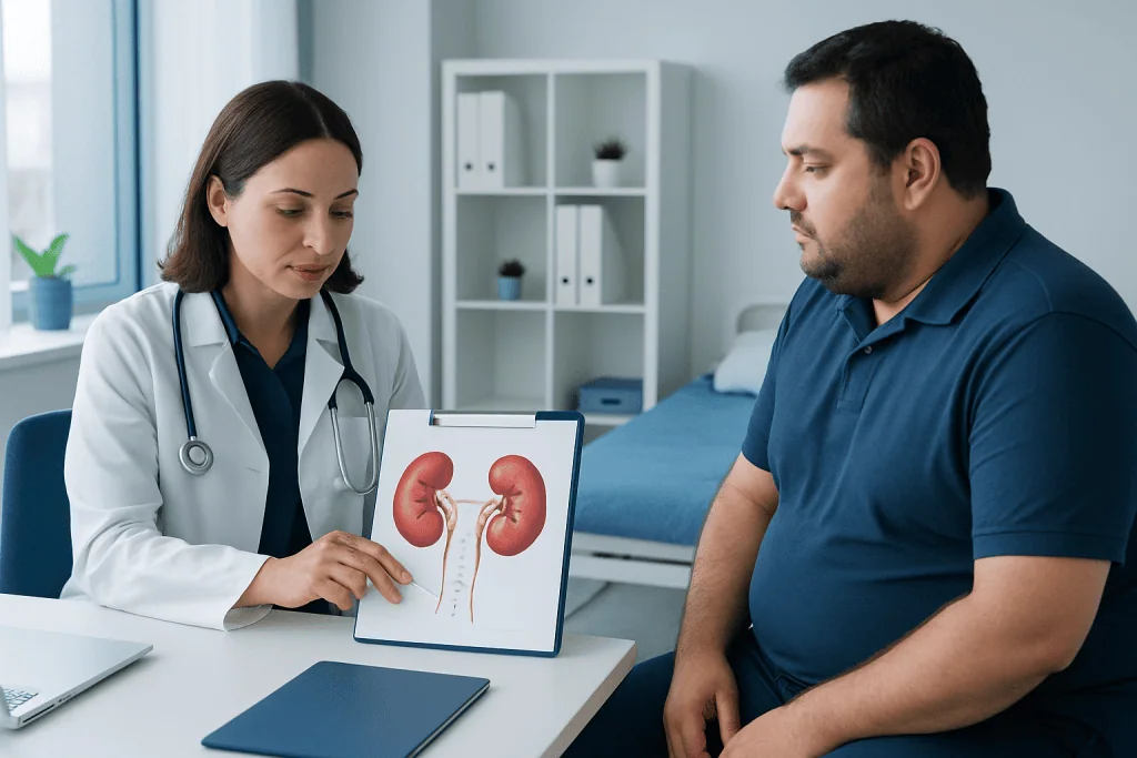Doctor explaining kidney health to patient with kidney diagram.