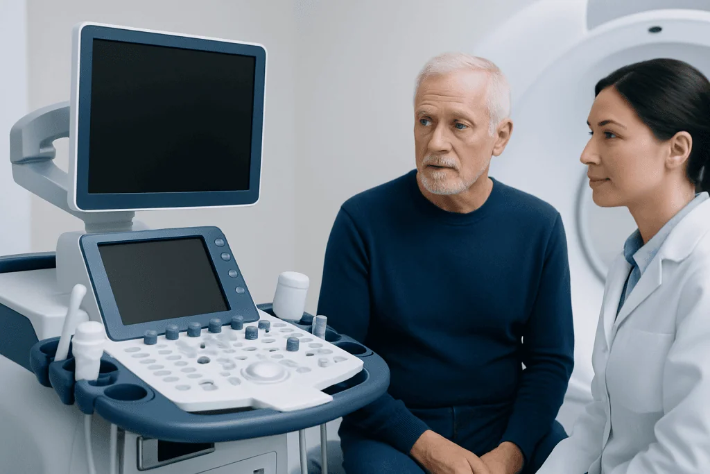 Patient undergoing ultrasound examination for aortic assessment at Acibadem Hospital.