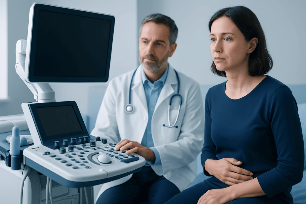 Doctor performing an ultrasound exam on a patient in a clinical setting.