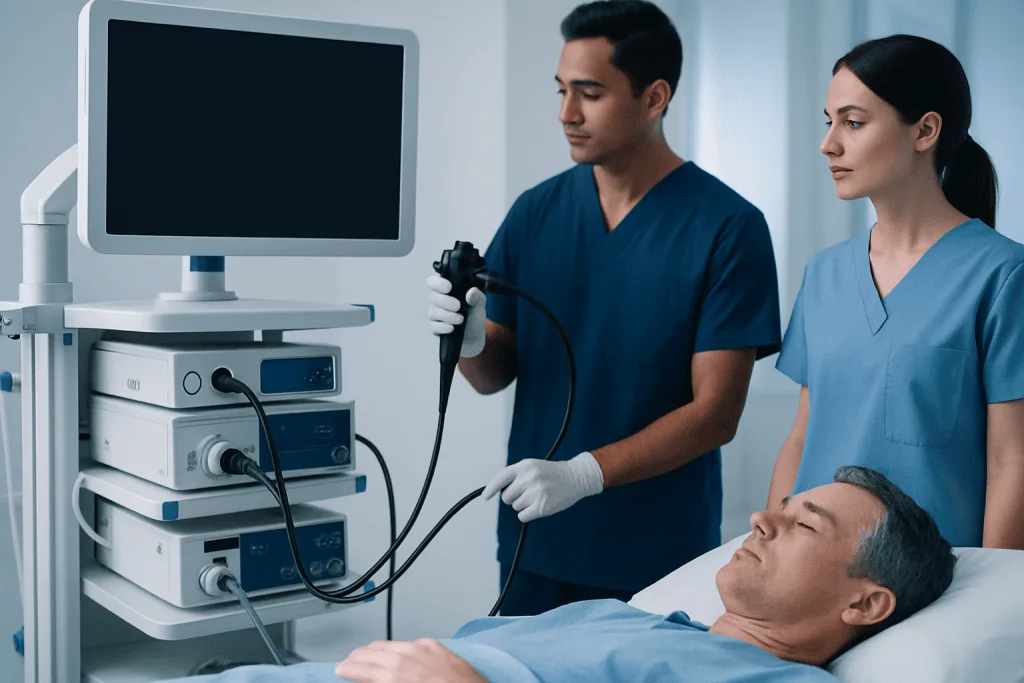 Medical professionals perform an endoscopy on a patient in a hospital setting.