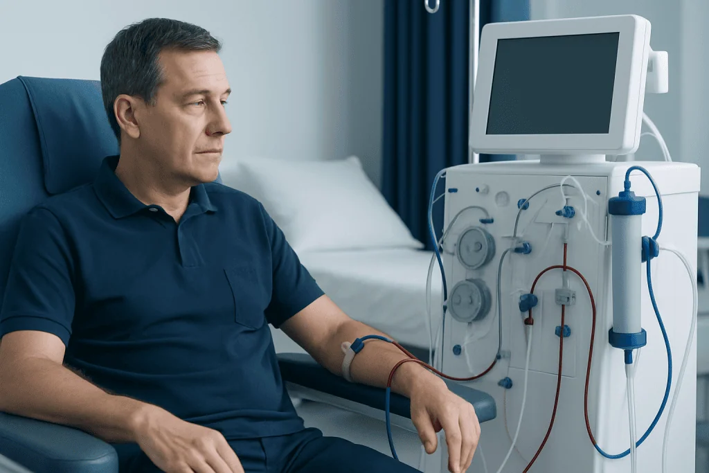 Patient undergoing dialysis treatment in a hospital room.