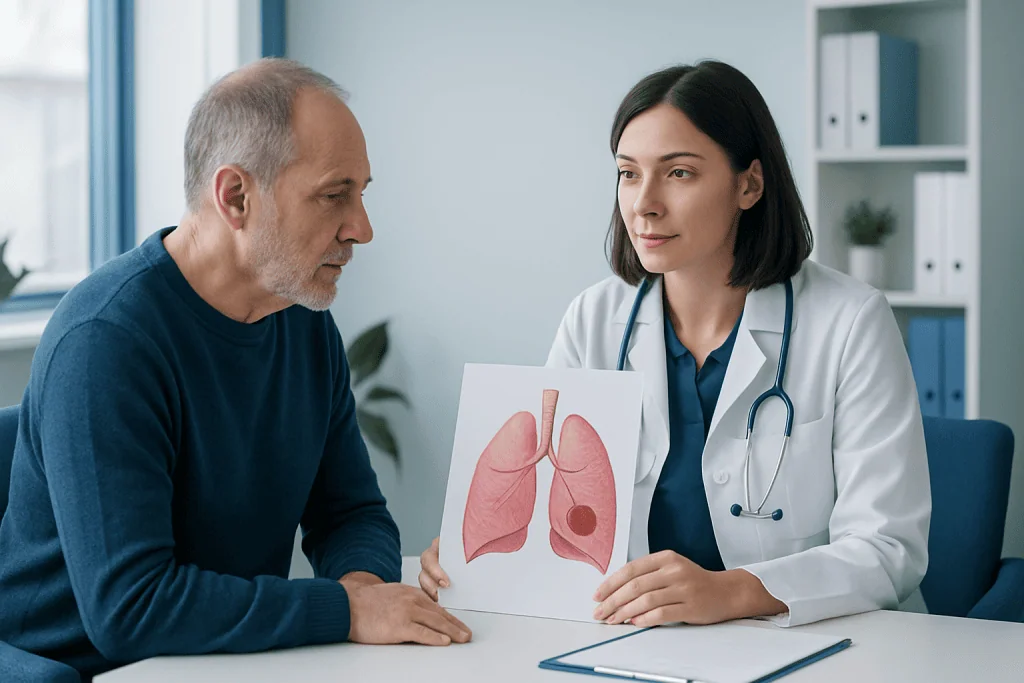 Doctor explaining lung diagram to patient in consultation room.