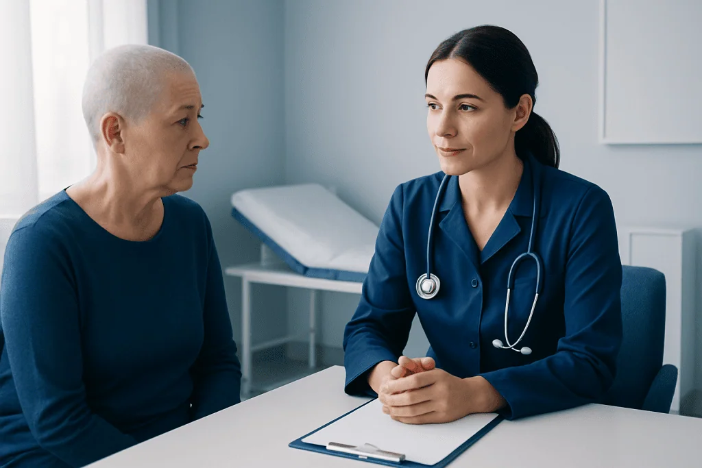 Compassionate doctor consulting with a patient in a hospital room.
