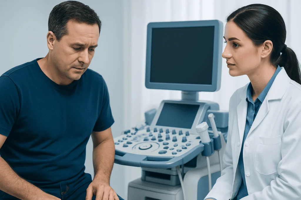Doctor consulting male patient in a medical examination room.