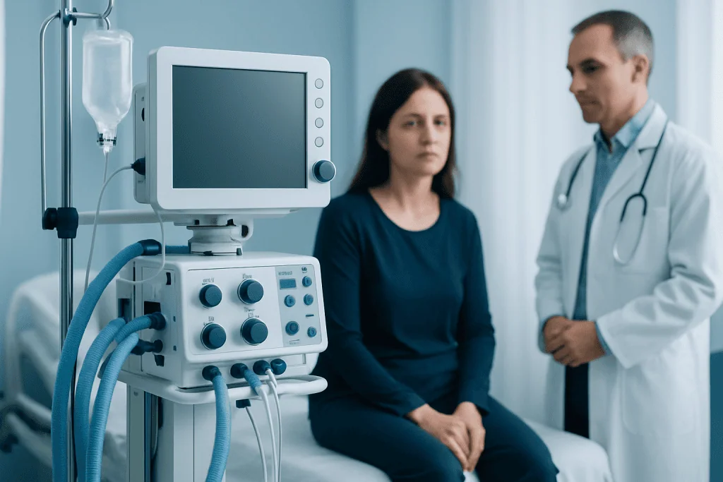 Patient in hospital bed with medical monitor and doctor in consultation.