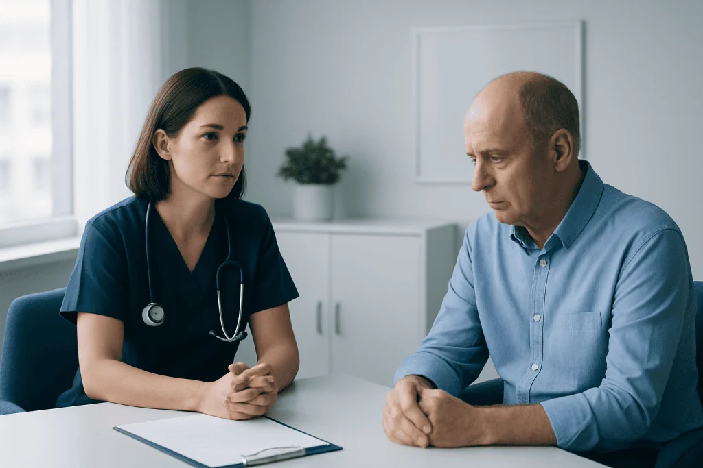 Doctor consulting with a patient in a medical office setting.